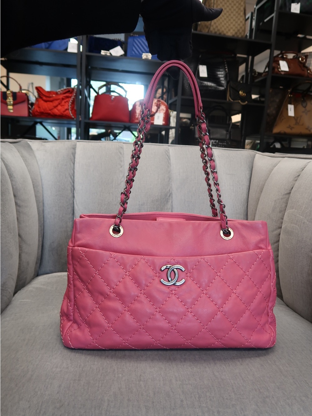 CHANEL Pink Quilted Leather Shoulder Bag with Chain Straps